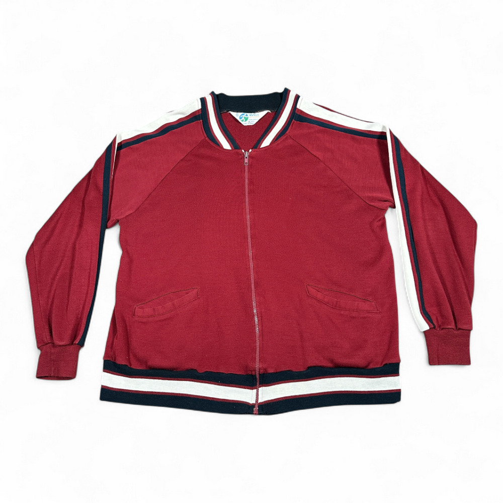 Vintage Van Cort Track Jacket Adult LARGE Red White Striped Tennis Raglan 80s